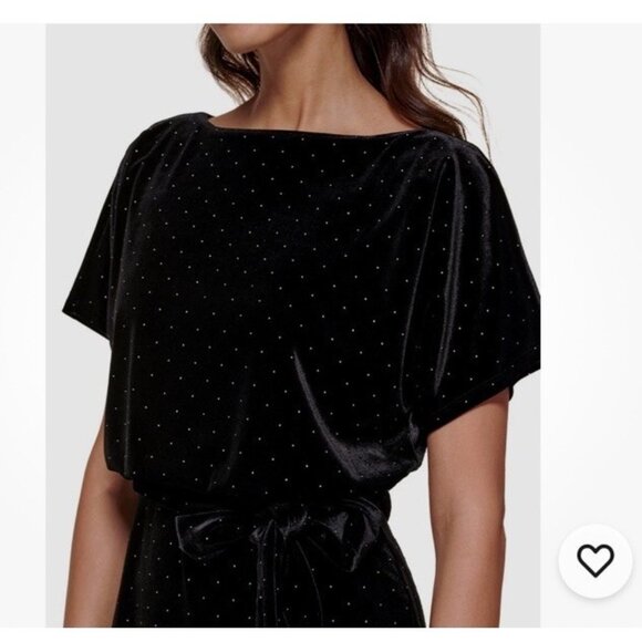 KENSIE Size Large Black Velvet Belted Short Sleeve Sheath Cocktail Event Dress - Picture 3 of 8